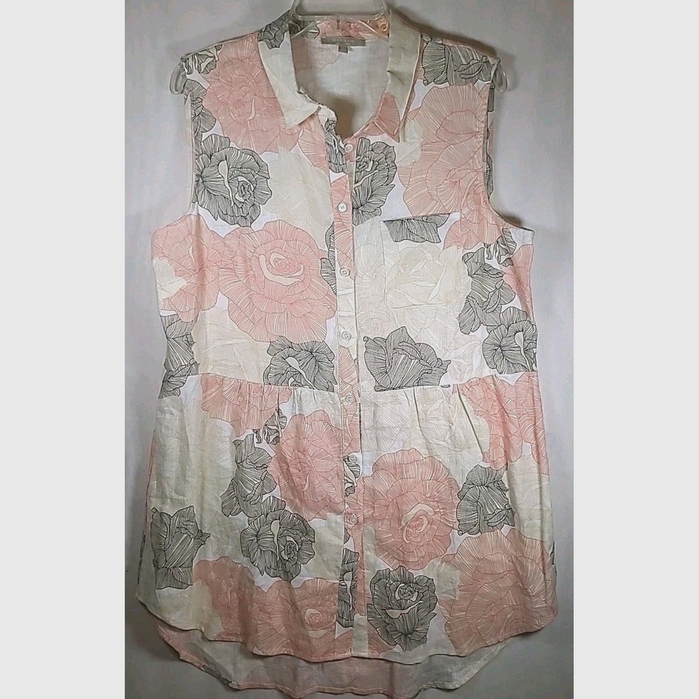Joan Vass Linen Dress Womens Size XL Spring Time Floral Sleeveless Button Up